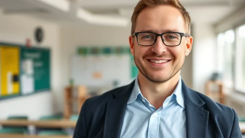 Lächelnder Mann mit Brille, Blazer und hellblauem Hemd in hellem Klassenraum.