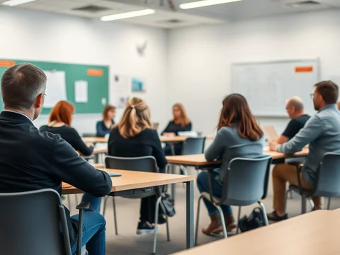 Gruppe Erwachsener in Seminarraum, Blick von hinten auf Tische und Teilnehmer bei einer Besprechung vor Tafel und Whiteboard.