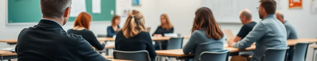 Gruppe Erwachsener im Seminarraum, Blick von hinten auf Tische und Teilnehmer bei einer Besprechung vor Tafel und Whiteboard.