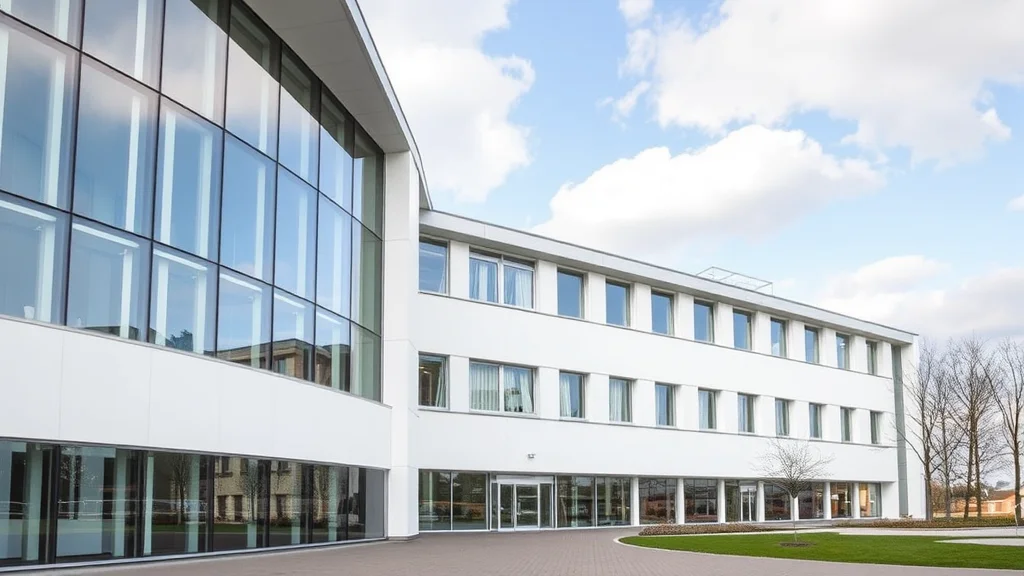 Modernes weißes Gebäude mit großen Glasfassaden, blauer Himmel mit Wolken, junger Rasen und Bäume.