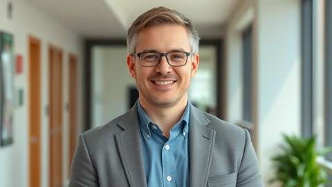 Lächelnder Mann mit Brille, grauem Anzug und blauem Hemd in modernem Büroflur mit Türen und Grünpflanze.