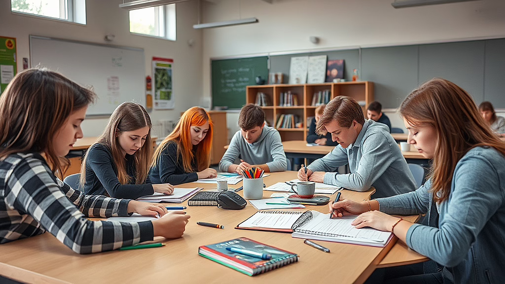 Gruppe von Schülern sitzt an einem großen Tisch, arbeitet an Heften und Notizblättern in einem Klassenraum.