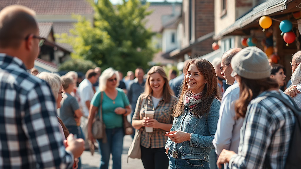 Eine lächelnde Frau in Jeansjacke mit Schal mitten in einer belebten Straßenszene voller Festbesucher und bunter Ballons.
