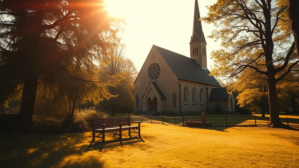 Gotische Steinkirche im Herbstpark, von warmem Sonnenlicht beleuchtet; Bänke und goldene Blätter im Vordergrund.