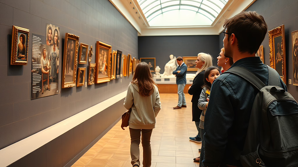 Besucher betrachten Gemälde in einer hellen Museumsgalerie; Vordergrund: Mann mit Rucksack von hinten.