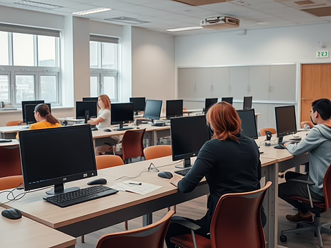 Helles Computerlabor mit mehreren Arbeitsplätzen, Monitoren und Lernenden, die an ihren PCs arbeiten.