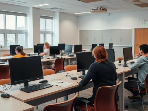 Helles Computerlabor mit mehreren Arbeitsplätzen, Monitoren und Lernenden, die an ihren PCs arbeiten.