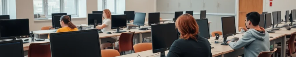 Helles Computerlabor mit mehreren Arbeitsplätzen, Monitoren und Lernenden, die an PCs arbeiten.