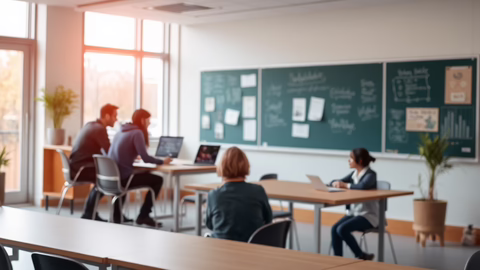 Vier Kollegen am Tisch mit Laptops in modernem Büro, Whiteboard mit Notizen, warmes Sonnenlicht durch Fenster.