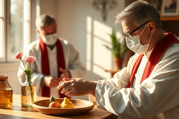 Zwei Priester mit Masken am Holztisch: Honigglas, Obstteller, Vase mit rosa Blumen, roter Stola, sonniges Licht.