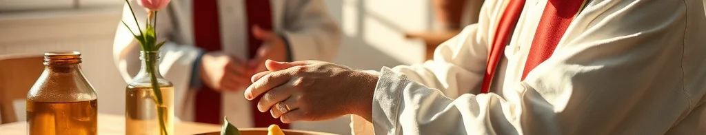 Zwei Priester mit Masken an einem Holztisch; Obstteller, Honigglas und Vase mit rosa Blumen im hellen Sonnenlicht.