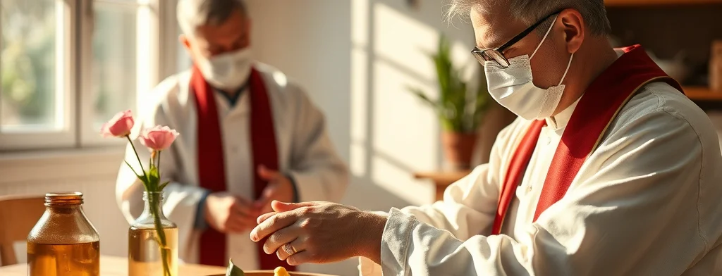 Zwei Priester mit Masken an einem Holztisch; Obstteller, Honigglas und Vase mit rosa Blumen im hellen Sonnenlicht.