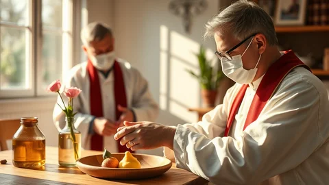 Zwei Priester mit Masken am Holztisch: Honigglas, Obstteller, Vase mit rosa Blumen, roter Stola, sonniges Licht.