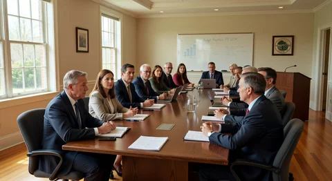 Konferenzraum: Geschäftsleute in Anzügen sitzen um einen Tisch mit Unterlagen, Whiteboard und Fenstern.
