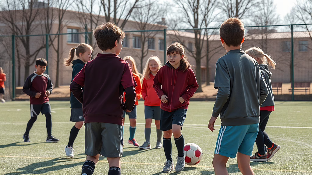 Eine Gruppe Kinder spielt Fußball auf Kunstrasen; ein Mädchen in roter Kapuzenjacke führt den Ball.
