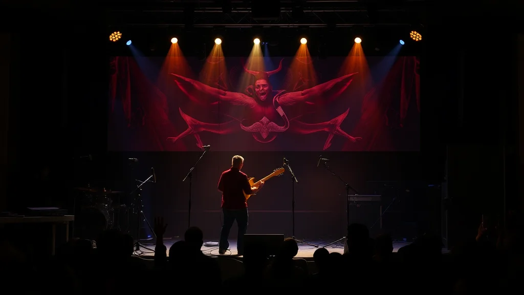 Gitarrist auf Bühne, bunte Scheinwerfer; rote Fantasie-Bühnenprojektion im Hintergrund; dunkles Publikum im Vordergrund.