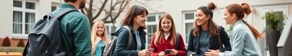 Gruppe lachender Studenten mit Rucksäcken plaudert mit Smartphones im herbstlichen Schulhof.
