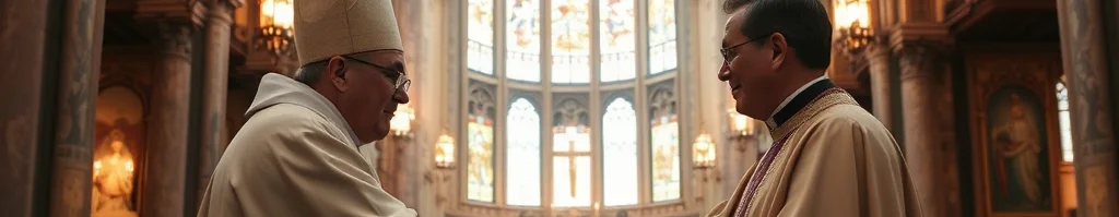 Zwei Priester im Messgewand schütteln sich die Hände in einer Kathedrale im Mittelgang, hinter ihnen farbiges Glasfenster.