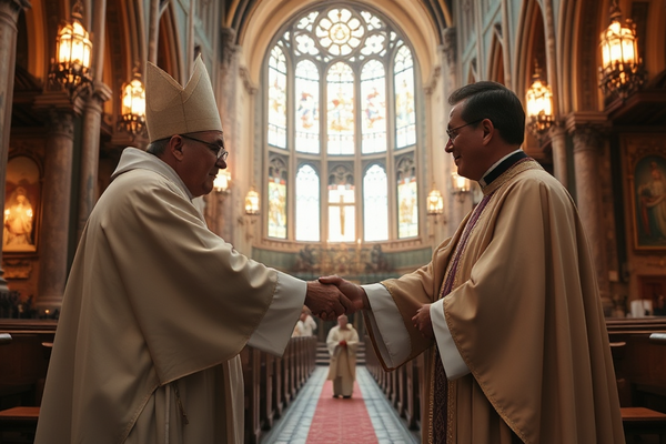 Zwei Priester im Messgewand schütteln sich die Hände in einer Kathedrale, farbiges Glasfenster im Hintergrund.