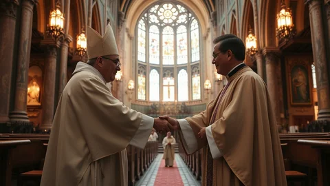 Zwei Priester im Messgewand schütteln sich die Hände in einer Kathedrale, farbiges Glasfenster im Hintergrund.