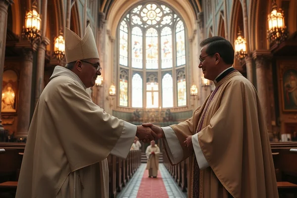 Zwei Priester im Messgewand schütteln sich die Hände in einer Kathedrale, farbiges Glasfenster im Hintergrund.