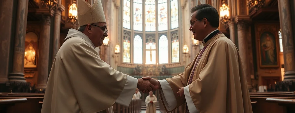 Zwei Priester im Messgewand schütteln sich die Hände in einer Kathedrale im Mittelgang, hinter ihnen farbiges Glasfenster.