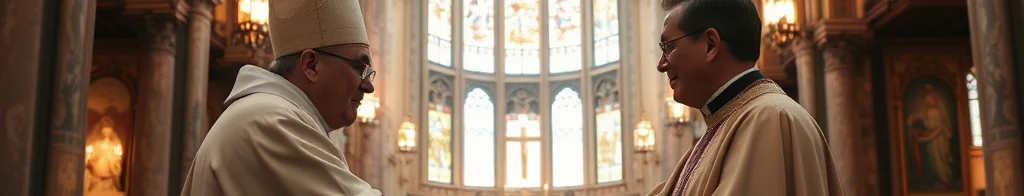 Zwei Priester im Messgewand schütteln sich die Hände in einer Kathedrale im Mittelgang, hinter ihnen farbiges Glasfenster.