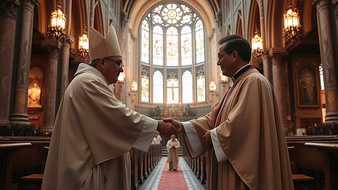Zwei Priester im Messgewand schütteln sich die Hände in einer Kathedrale, farbiges Glasfenster im Hintergrund.