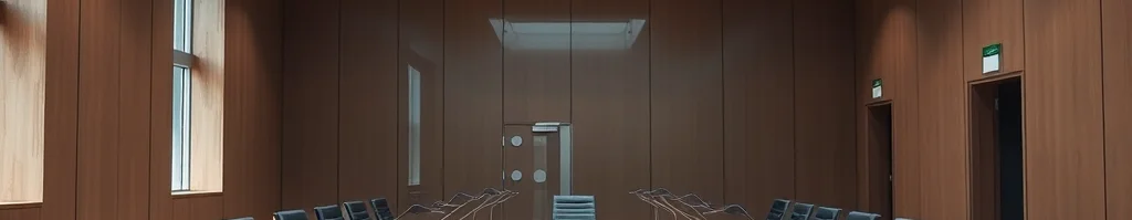 Großer Konferenzraum mit langem Holztisch, Mikrofonen, schwarzen Ledersesseln, Holzverkleidung und Dachfenster.