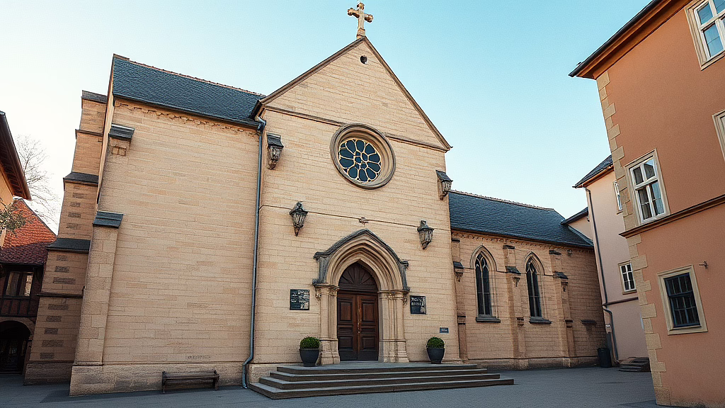 Helle Steinkirche mit Rosettenfenster über der Holztür, Kreuz auf dem Dach, Treppe und seitliche Gebäude.