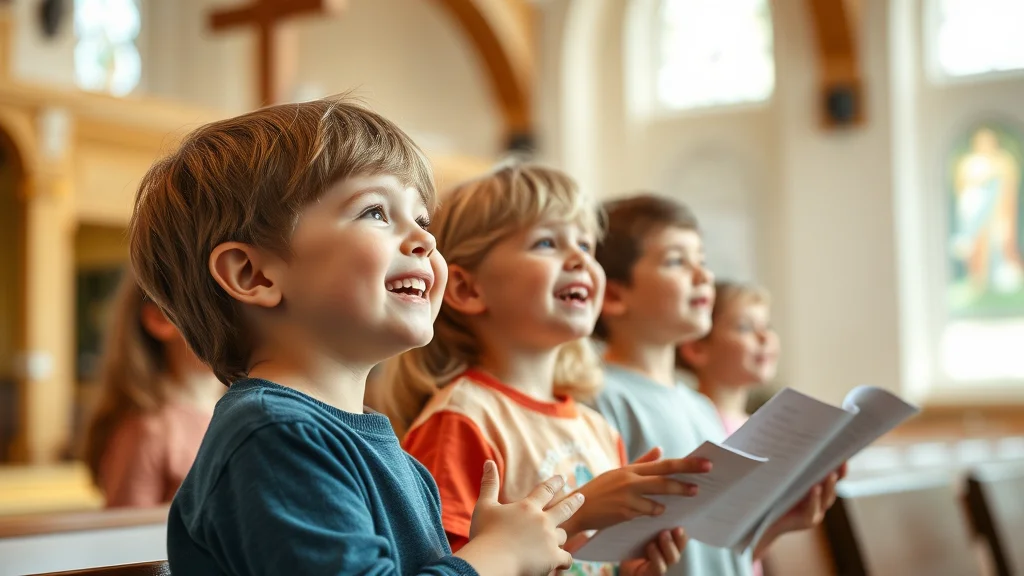 Junge Kinder in einer Kirche singen fröhlich, schauen nach vorn und halten Liedblätter.