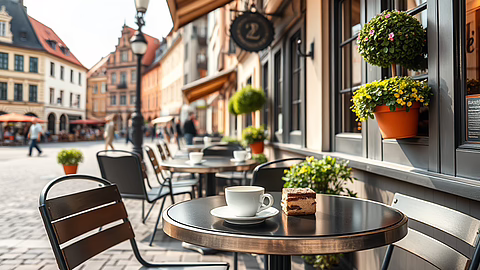 Außentisch eines Straßencafés mit Tasse Kaffee und Kuchenstück; Kopfsteinpflaster, bunte Häuser im Hintergrund.