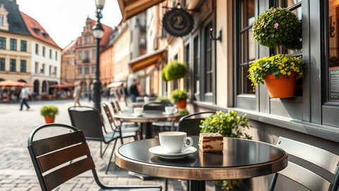 Außentisch eines Straßencafés mit Tasse Kaffee und Kuchenstück; Kopfsteinpflaster, bunte Häuser im Hintergrund.