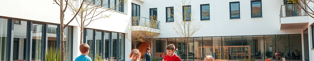Kinder spielen auf orangefarbenen Sitzbänken im Innenhof einer modernen weißen Schule mit Fenstern und Bäumen.
