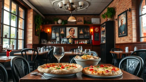 Gemütliches Restaurant mit zwei Pizzen auf dem Tisch im Vordergrund, Glas Rotwein links, Bar im Hintergrund.