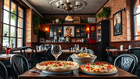 Gemütliches Restaurant mit zwei Pizzen auf dem Tisch im Vordergrund, Glas Rotwein links, Bar im Hintergrund.