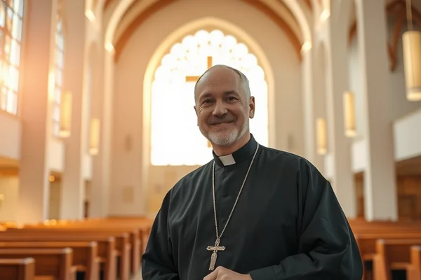 Lächelnder Priester in schwarzer Soutane mit Kreuzkette in einer Kirche, Bänke und ein helles Bogenfenster im Hintergrund.