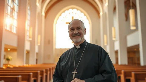 Lächelnder Priester in schwarzer Soutane mit Kreuzkette in einer Kirche, Bänke und ein helles Bogenfenster im Hintergrund.