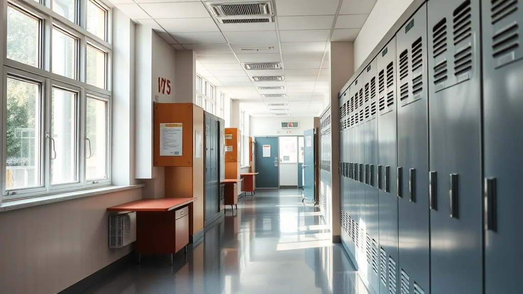 Heller Schulflur mit langen blauen Schließfächern rechts, Fenster links und orangefarbene Schränke; sonniger Boden.