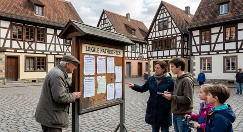 Familie betrachtet „Lokalanzeiger“-Anschlagtafel auf Kopfsteinpflasterplatz mit Fachwerkhäusern.