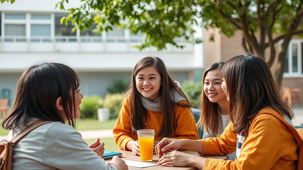 Vier Freundinnen sitzen draußen an einem Tisch und lachen; Glas Orangensaft in der Mitte, Campus im Hintergrund.
