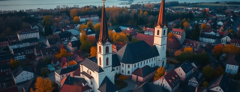 Luftaufnahme einer europäischen Kleinstadt mit zwei Kirchtürmen, roten Dächern, Herbstbäumen und Fluss im Hintergrund.