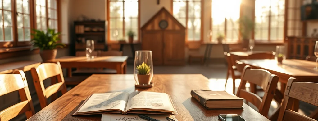 Heller Kirchenraum mit Holztischen; auf einem Tisch liegen offenes Buch und Smartphone, im Hintergrund Kreuz und Pult.