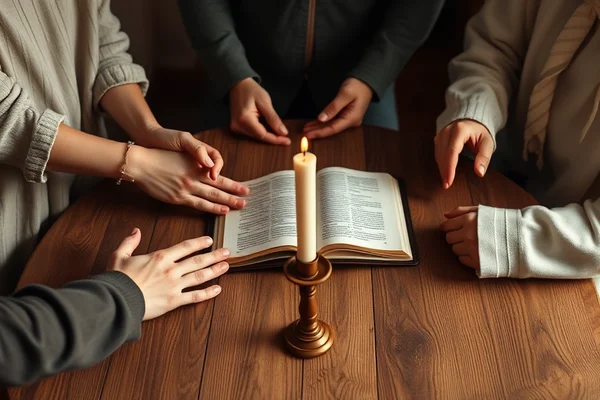 Hände mehrerer Personen ruhen um ein geöffnetes Buch, Kerze brennt daneben auf einem Holztisch.