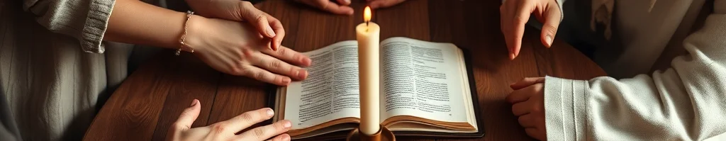 Mehrere Personen legen Hände um ein geöffnetes Buch auf einem Holztisch; daneben brennt eine Kerze in einem Kerzenhalter.