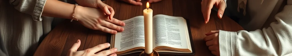 Mehrere Personen legen Hände um ein geöffnetes Buch auf einem Holztisch; daneben brennt eine Kerze in einem Kerzenhalter.