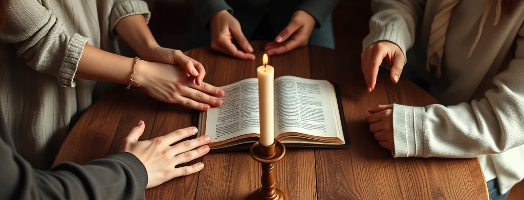 Mehrere Personen legen Hände um ein geöffnetes Buch auf einem Holztisch; daneben brennt eine Kerze in einem Kerzenhalter.