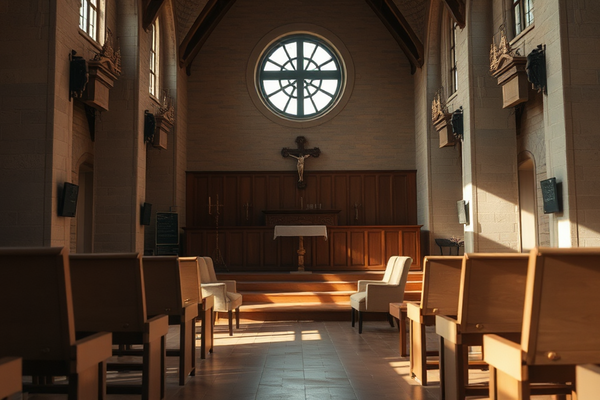 Innenraum einer Kirche mit Holzbänken, Altar, Kreuz und rundem Fenster; Licht fällt durch das Fenster.