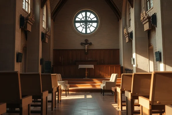 Innenraum einer Kirche mit Holzbänken, Altar, Kreuz und rundem Fenster; Licht fällt durch das Fenster.