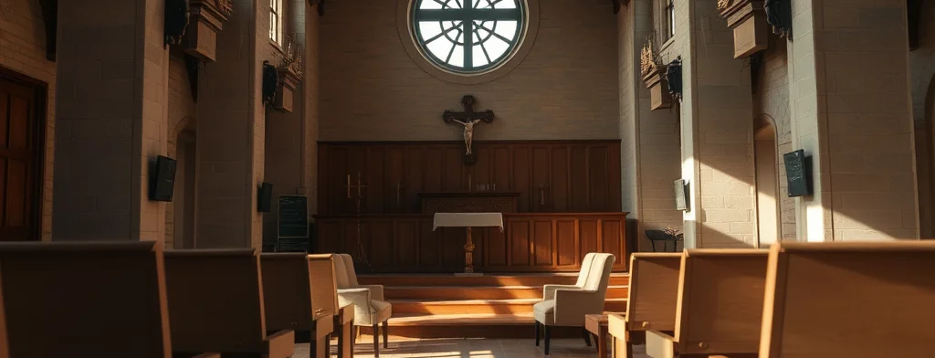 Innenraum einer Kirche mit Holzbänken, Altar, Kreuz und einem runden Fenster, durch das Licht fällt.